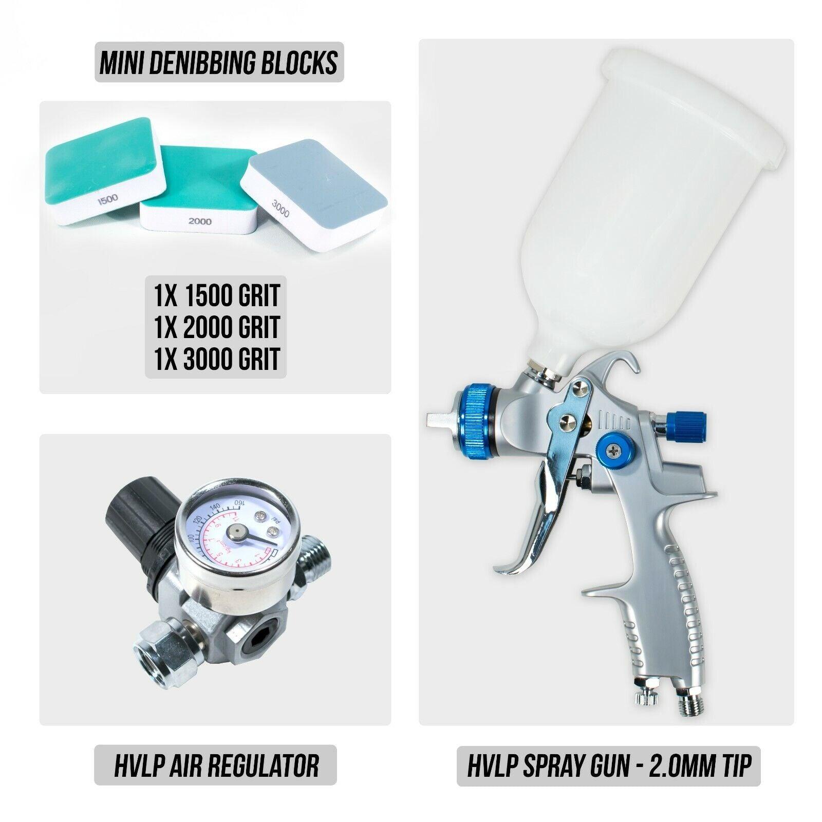 HVLP Spray Gun 2.0mm Tip, HVLP Air Regulator, Mini Denibbing Blocks - Package