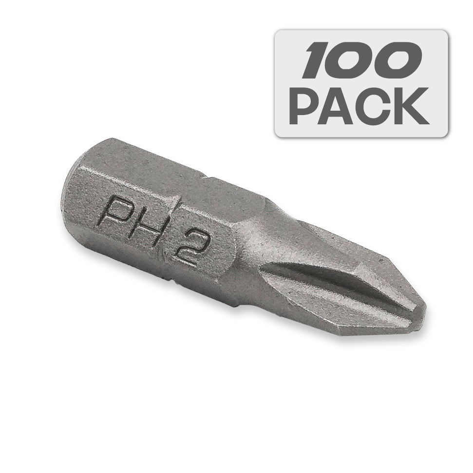 Phillips #2 PH2 Screwdriver Bits, 1 In Length, 1/4 Inch Shank, S2 Steel