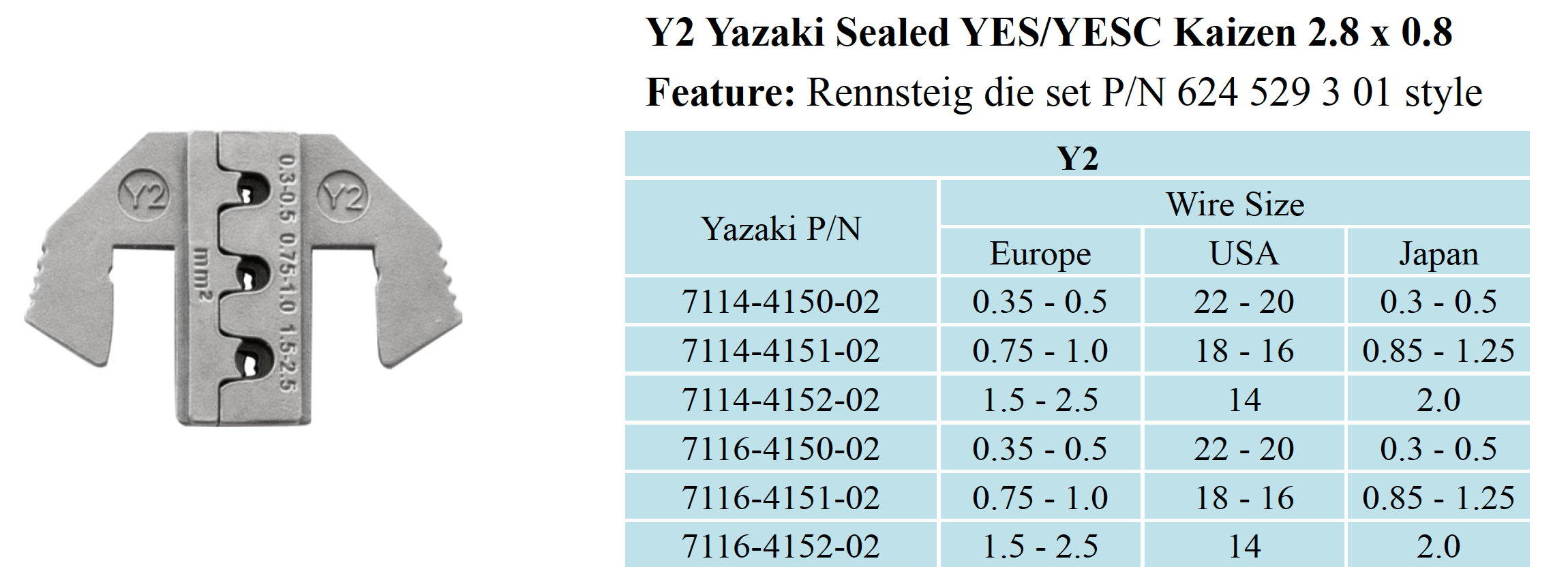 Crimping Tool Die - Y2 Die for Yazaki YES/YESC Kaizen 2.8 Sealed Terminal AWG 22-20/18-16/14 - Tool Guy Republic