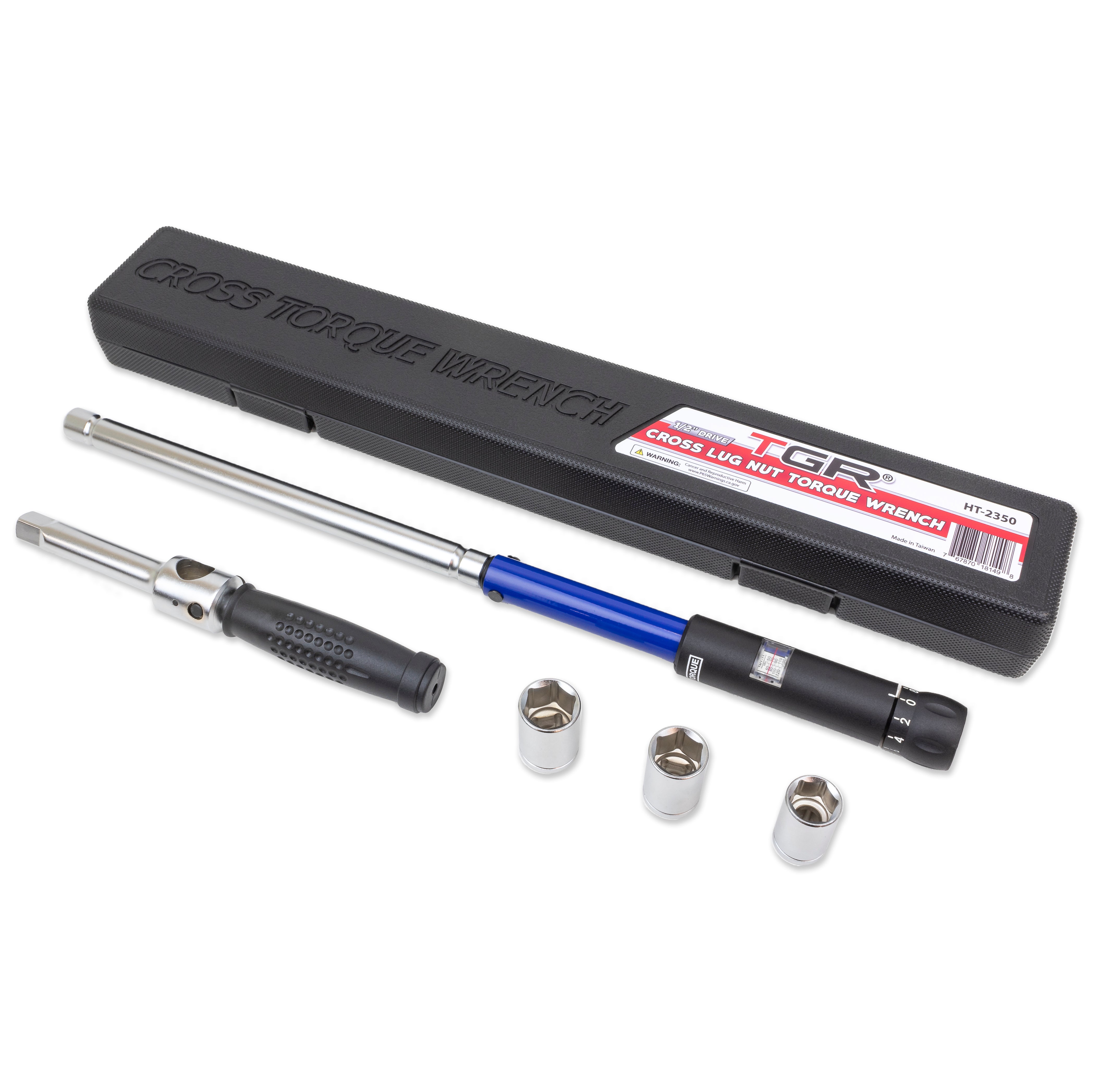 TGR 1/2” Dr Cross Type Lug Nut Torque Wrench 70-170 NM Micro-Adjustment (17, 19, 21 mm Sockets) - Tool Guy Republic