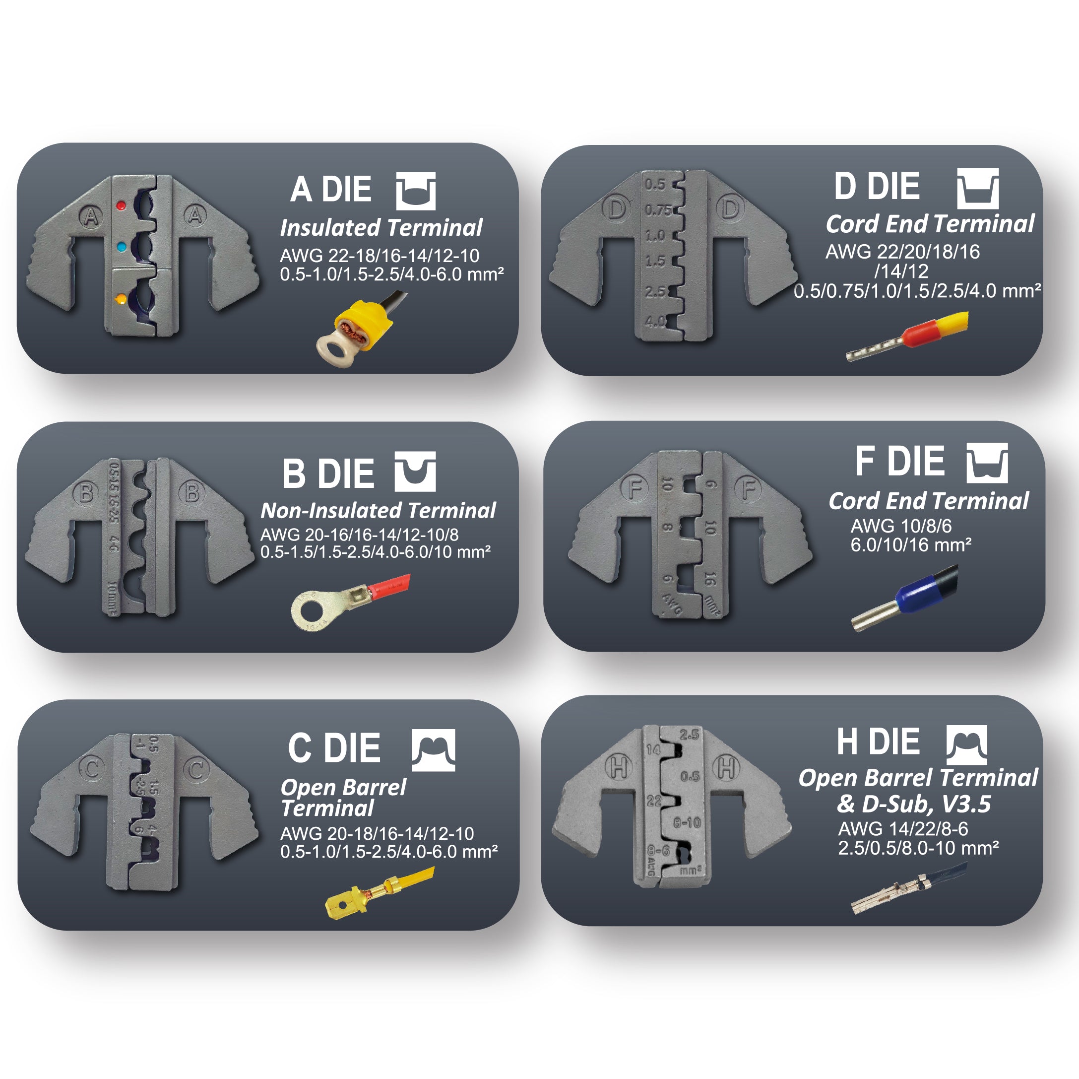 Crimping Tool Die Set - A, B, C, D, F, H Dies for Insulated, Non Insulated, Open Barrel & Cord End Terminals - Tool Guy Republic