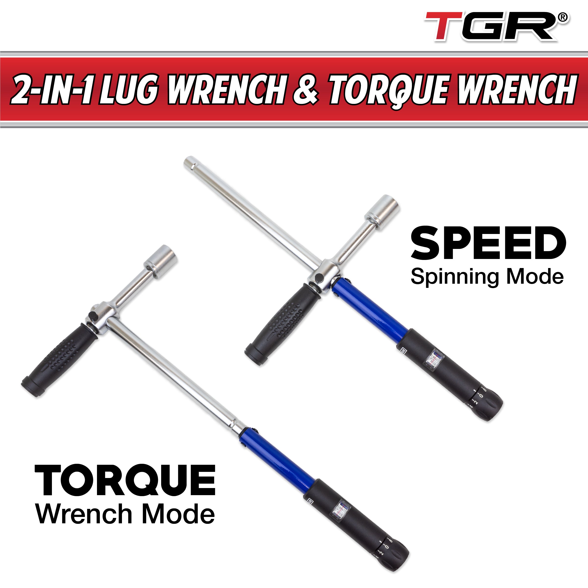 TGR 1/2” Dr Cross Type Lug Nut Torque Wrench 70-170 NM Micro-Adjustment (17, 19, 21 mm Sockets) - Tool Guy Republic