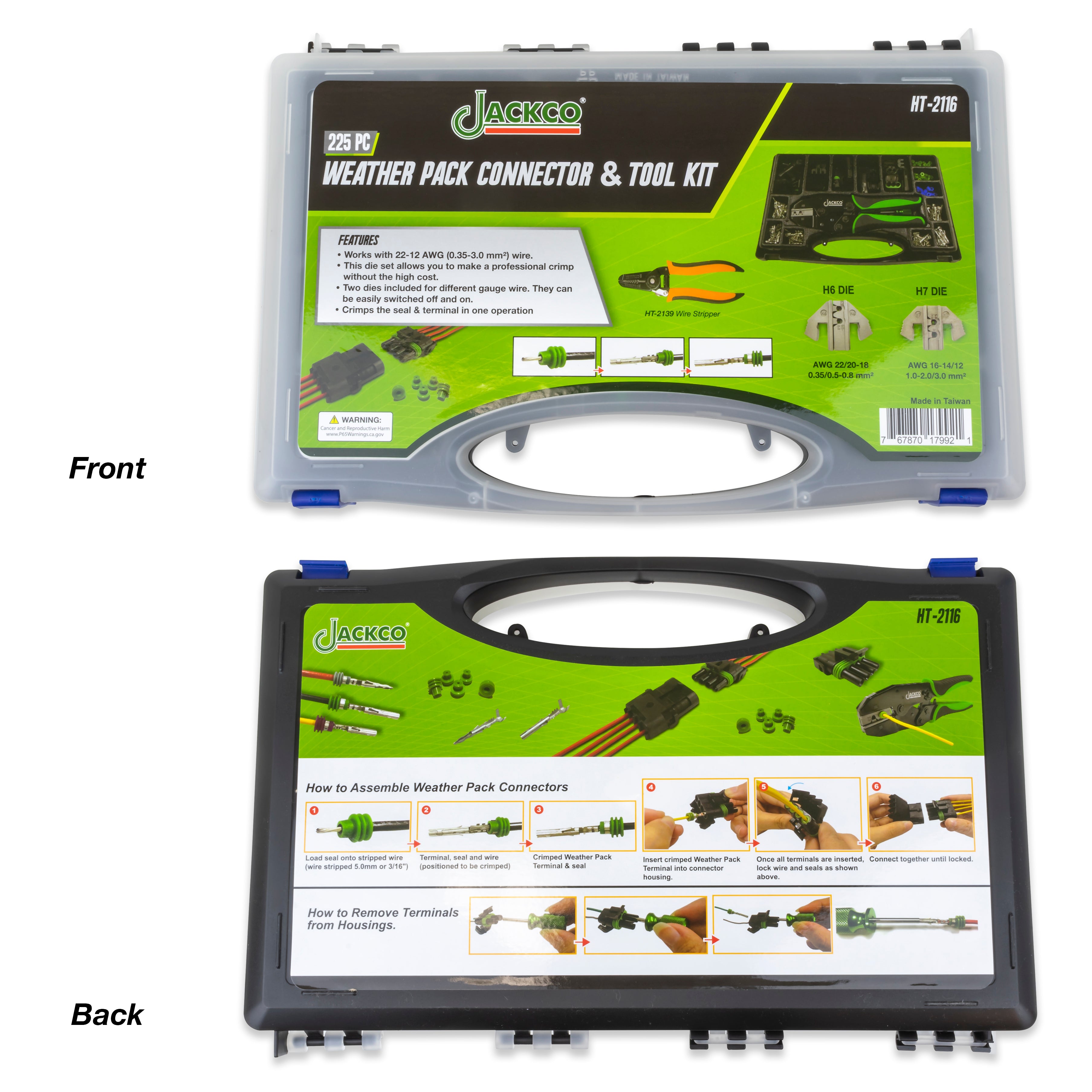 225pc Weather Pack Terminal Ratcheting Crimping Tool & Connector Kit - Includes 2 Interchangeable Dies and Wire Strippers