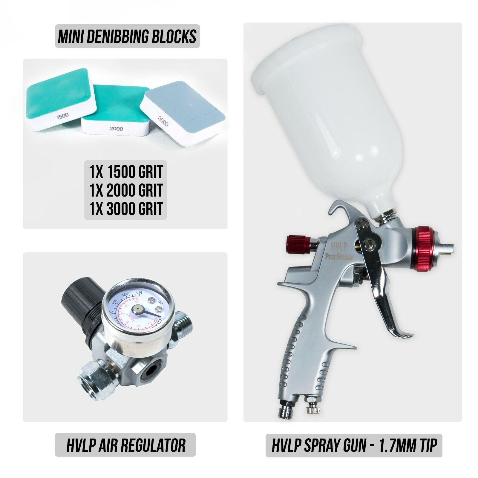 HVLP Spray Gun 1.7mm Tip, HVLP Air Regulator, Mini Denibbing Blocks - Package