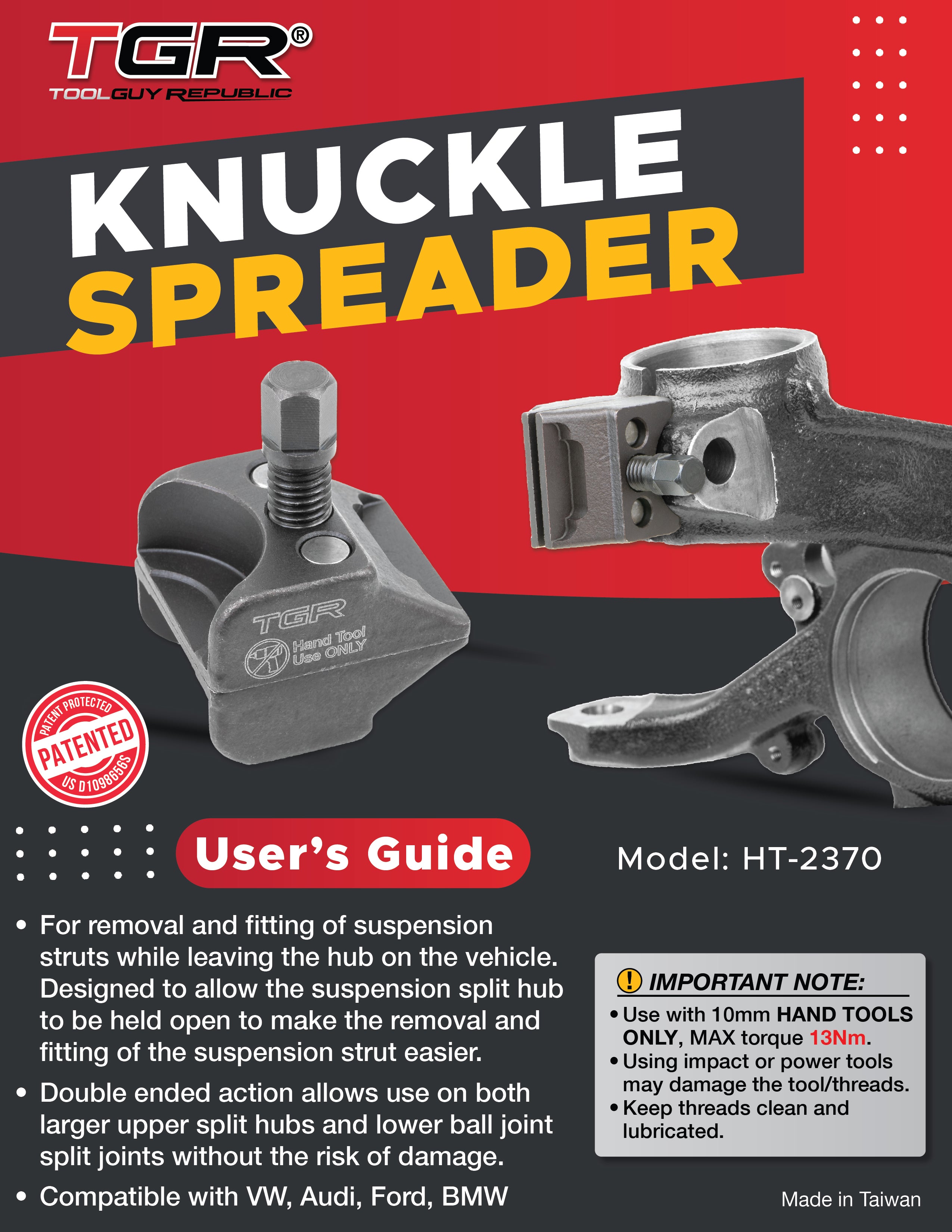 TGR Universal Suspension Strut Split Hub Steering Knuckle Spreader - Compatible with VW, Audi, Ford, BMW