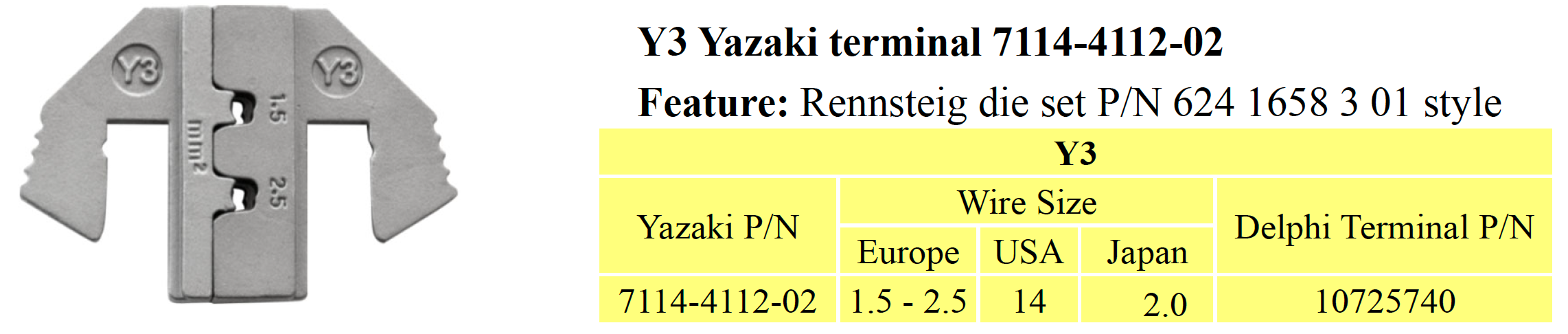 Crimping Tool Die - Y3 Die for Yazaki YES/YESC 2.8 Unsealed Terminal AWG 16/14 - Tool Guy Republic