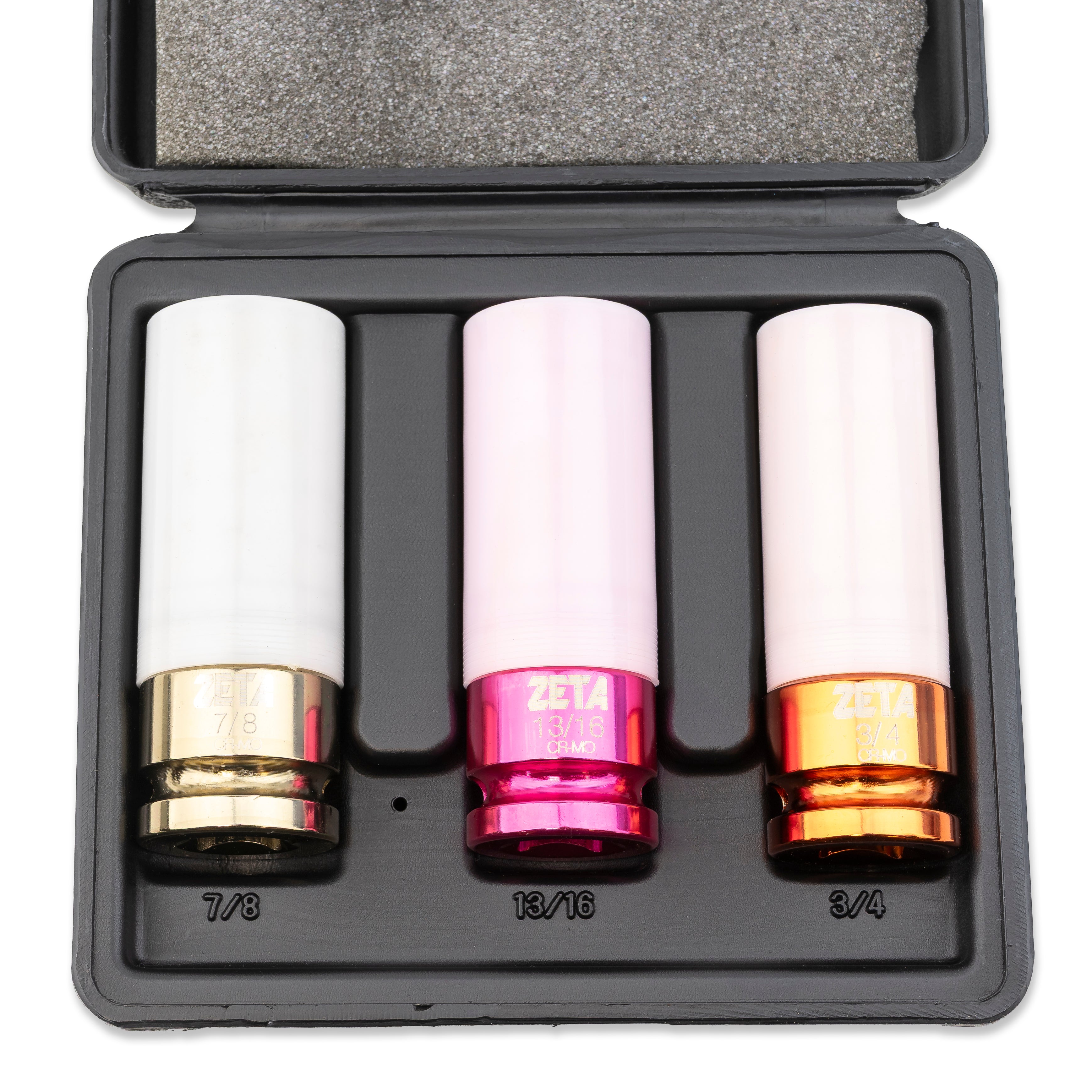 3pc 1/2" Drive Anodized Alloy Impact Non Marring Lug Nut Socket Set - (SAE 3/4", 13/16", 7/8")