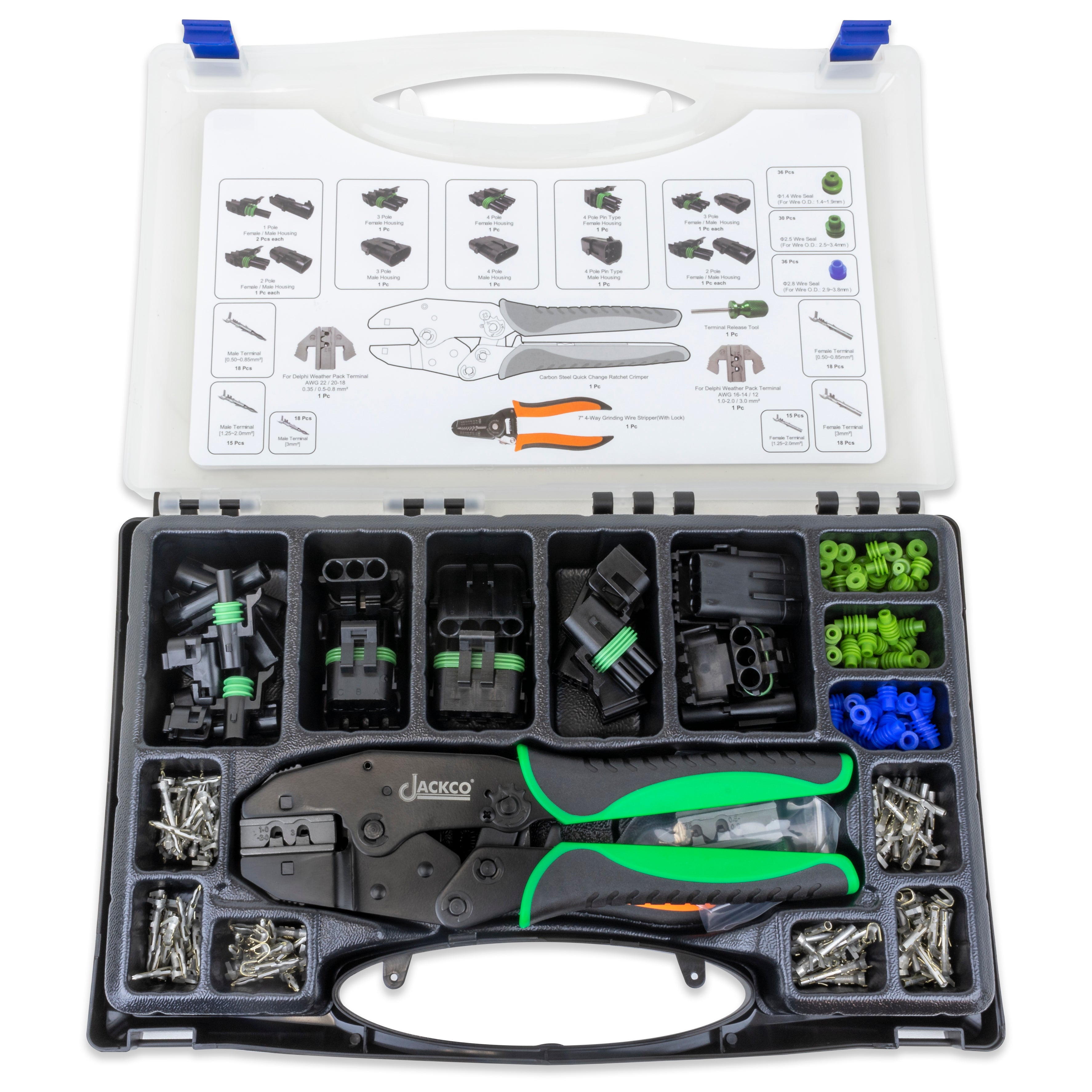 225pc Weather Pack Terminal Ratcheting Crimping Tool & Connector Kit - Includes 2 Interchangeable Dies and Wire Strippers