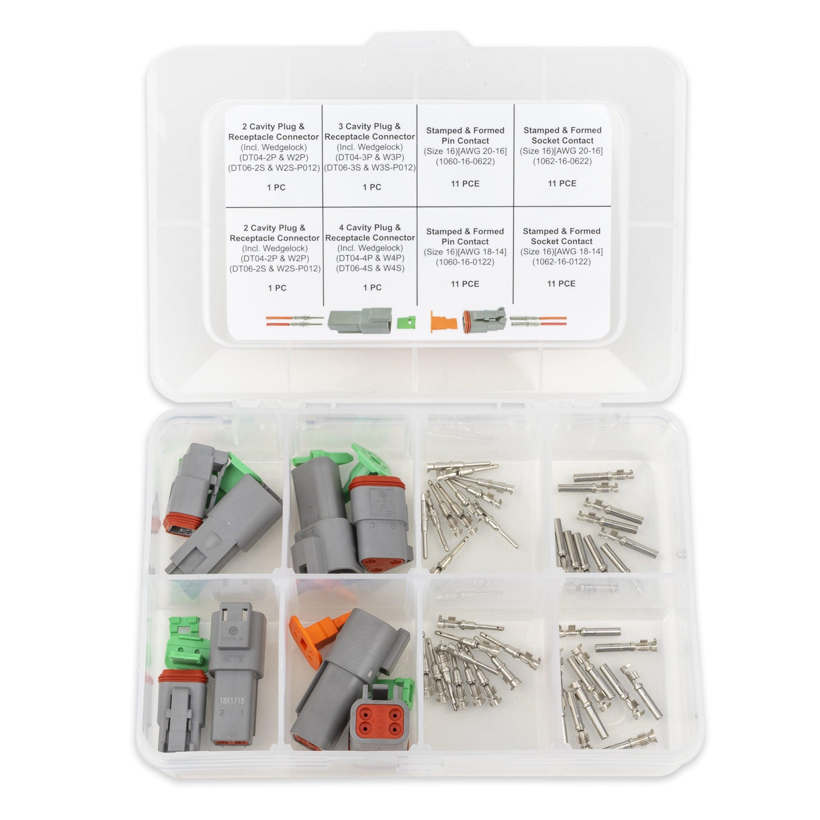 13 pc Deutsch Crimper Kit - Includes Ratcheting Crimper, 7 Dies, Wire Stripper & Removal Tools PLUS 52pc Deutsch DT Connector Kit