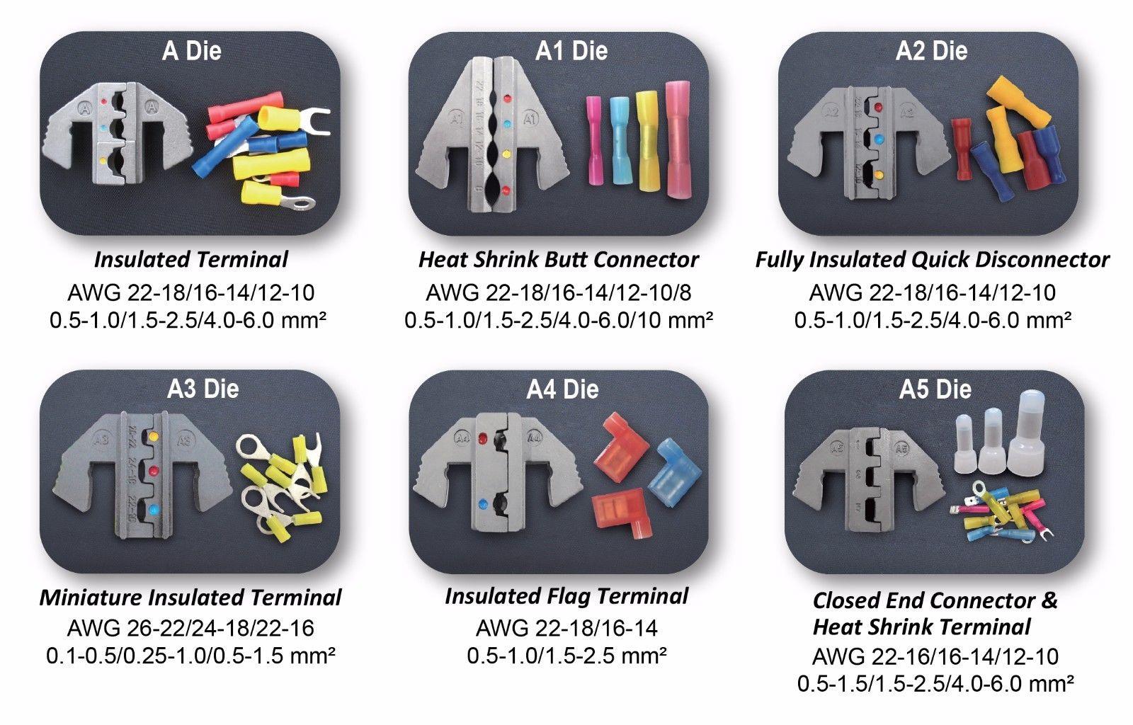 Interchangeable Ratcheting Terminal Crimper Set - 6 Die Sets Quick Change