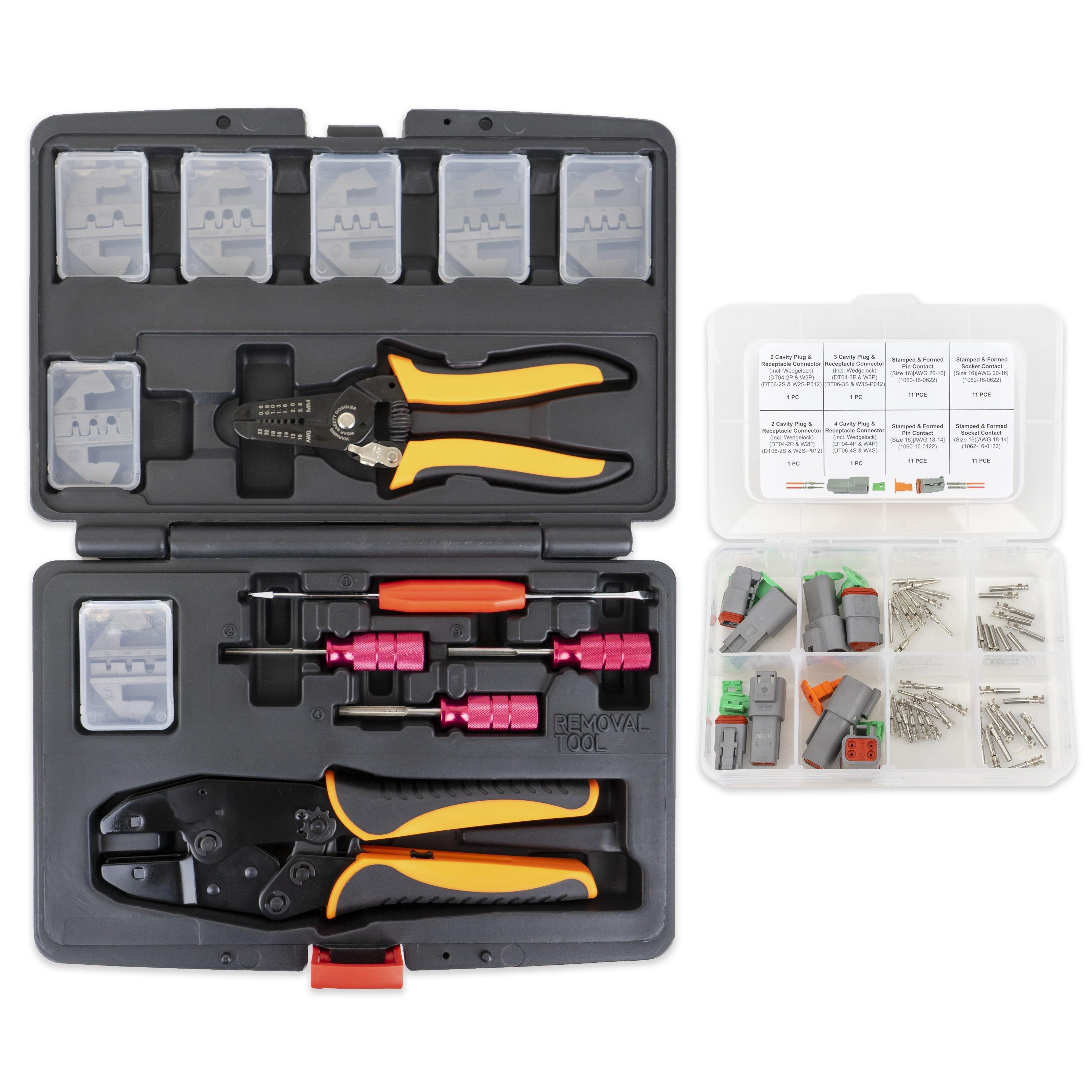 13 pc Deutsch Crimper Kit - Includes Ratcheting Crimper, 7 Dies, Wire Stripper & Removal Tools PLUS 52pc Deutsch DT Connector Kit - Tool Guy Republic