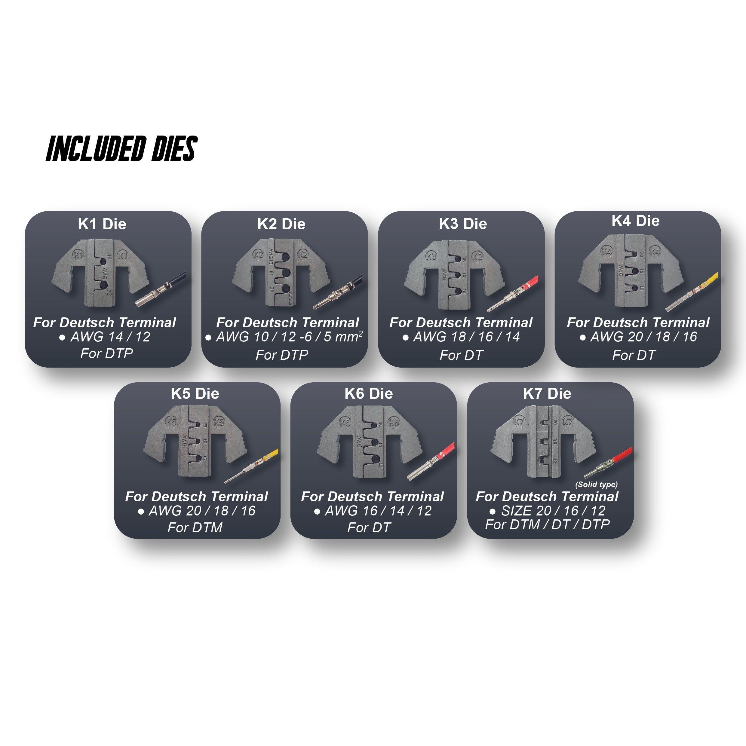 13 pc Deutsch Crimper Kit - Includes Ratcheting Crimper, 7 Dies, Wire Stripper & Removal Tools PLUS 52pc Deutsch DT Connector Kit