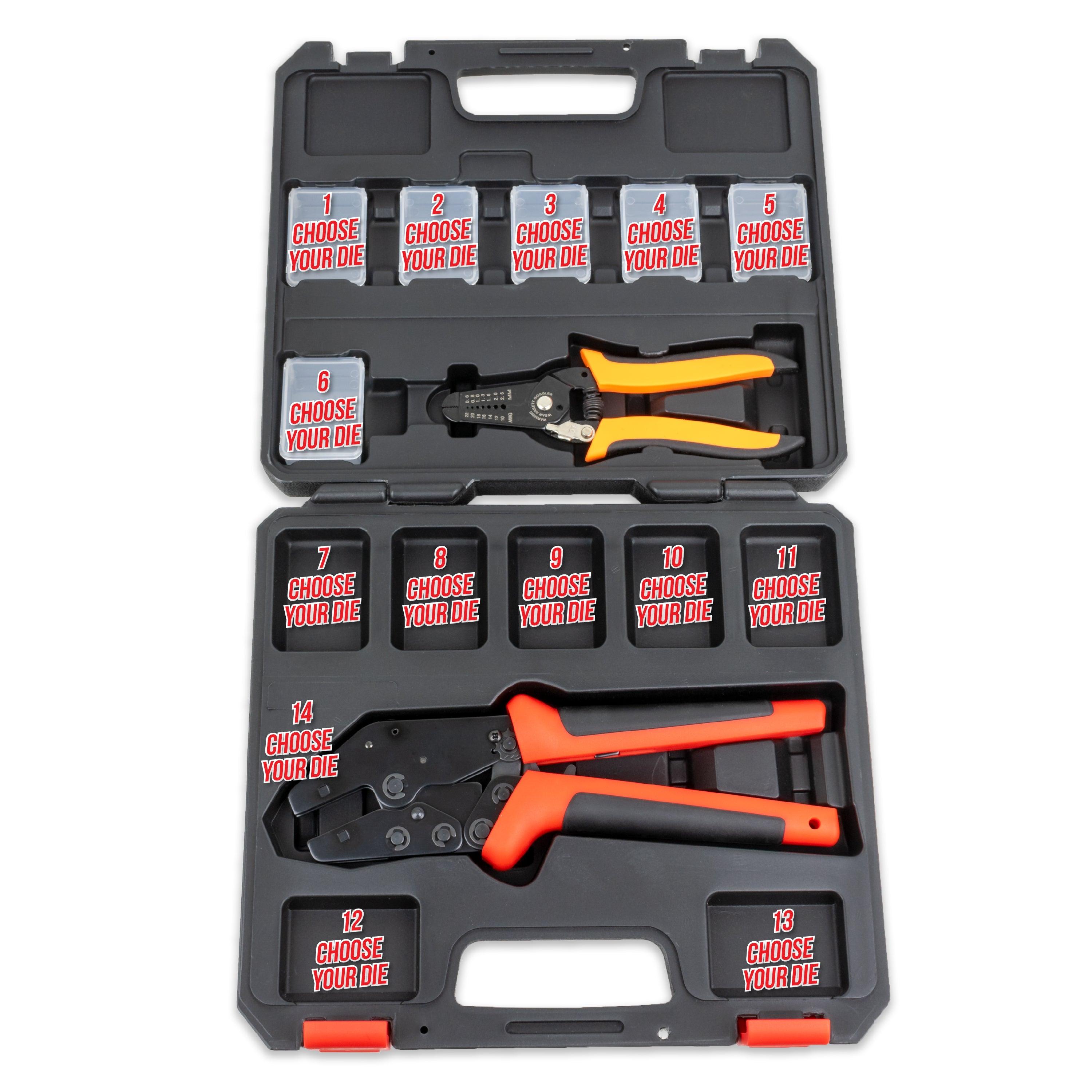 Interchangeable Ratcheting Terminal Crimper Set - 14 Die Sets with Wire Strippers (Choose Your Own Dies)