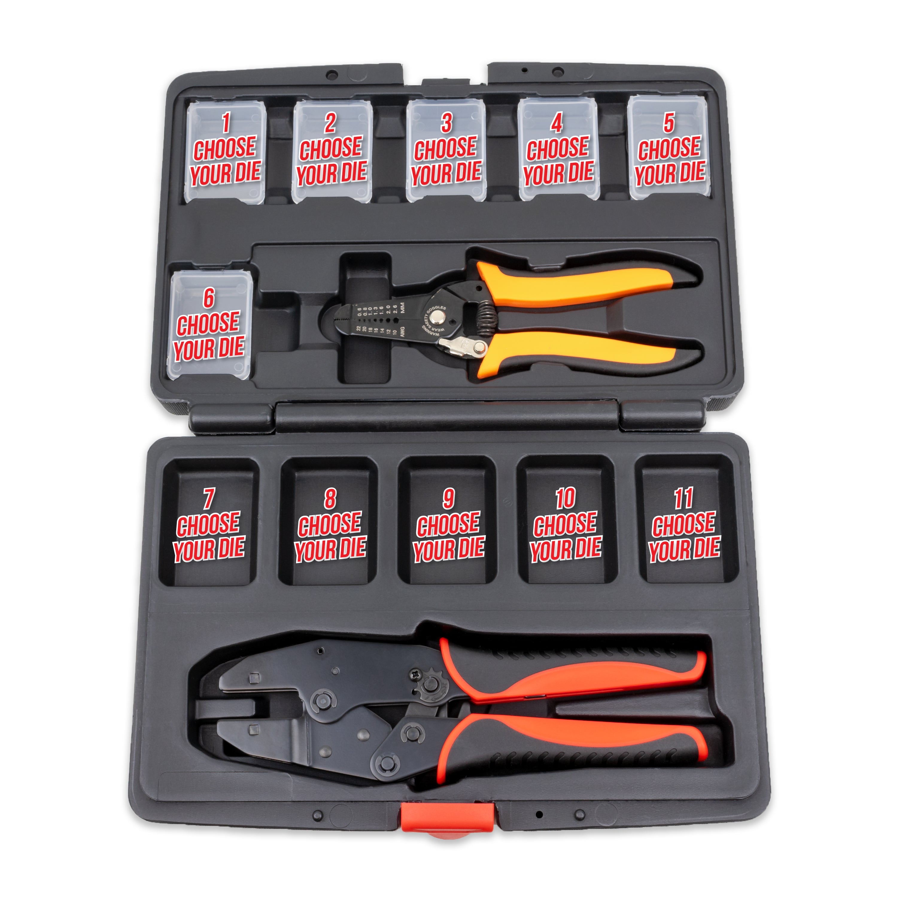 Interchangeable Ratcheting Terminal Crimper Set - 11 Die Sets with Wire Strippers (Choose Your Own Dies)