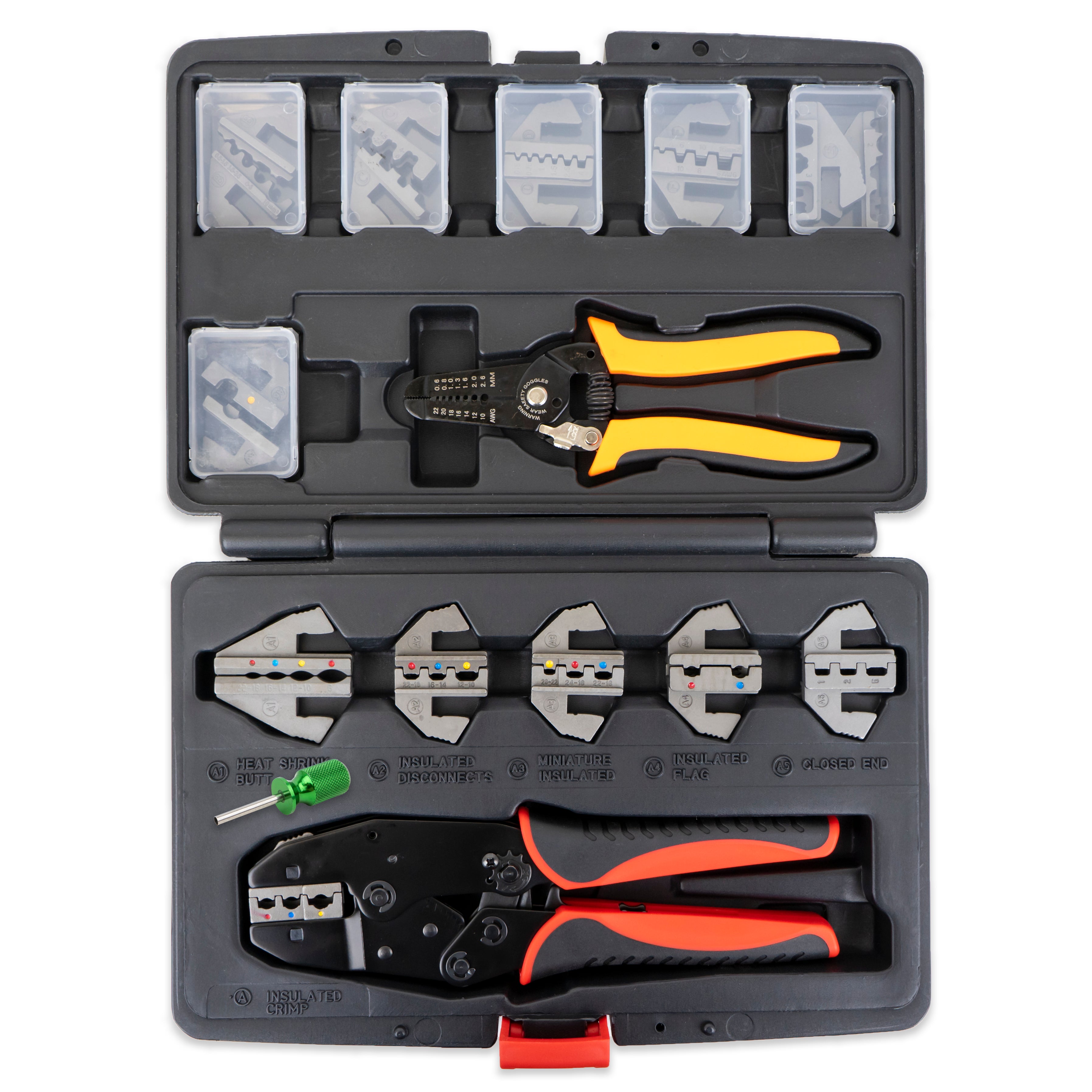 Interchangeable Ratcheting Terminal Crimper Set - 12 Die Sets with Wire Strippers (Insulated, Superseal, Weatherpack)