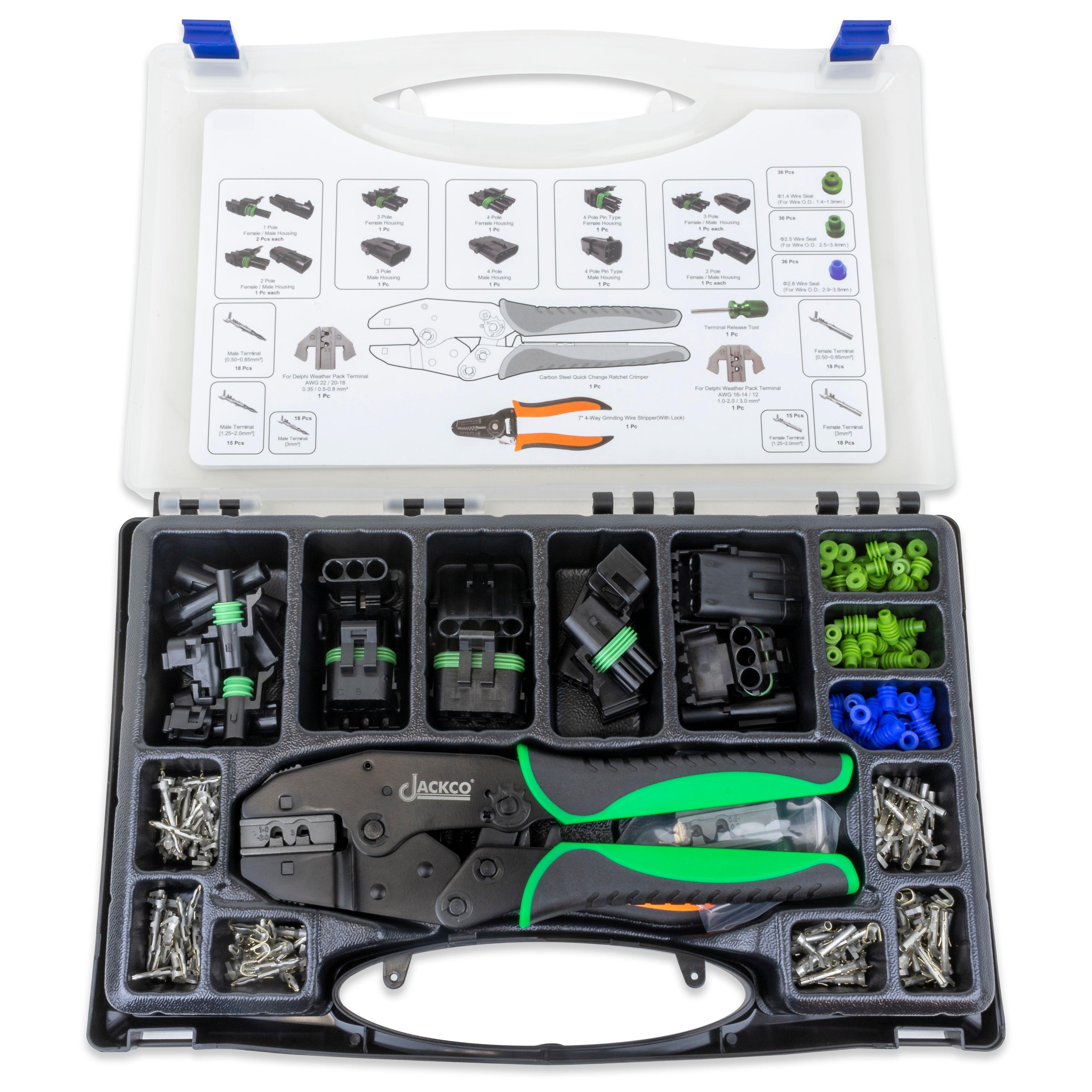 225pc Weather Pack Terminal Ratcheting Crimping Tool & Connector Kit - Includes 2 Interchangeable Dies and Wire Strippers - Tool Guy Republic
