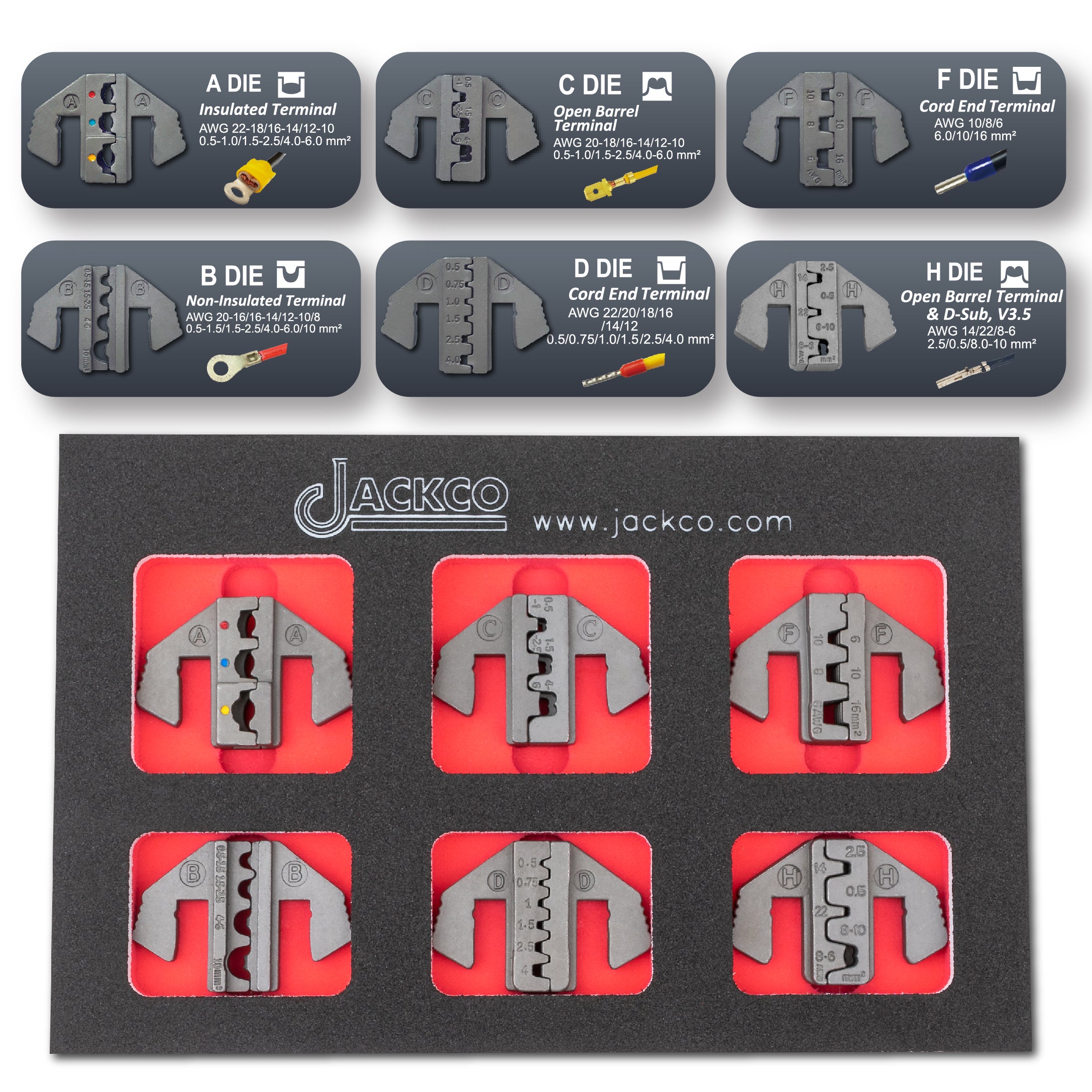 Crimping Tool Die Set - A, B, C, D, F, H Dies for Insulated, Non Insulated, Open Barrel & Cord End Terminals