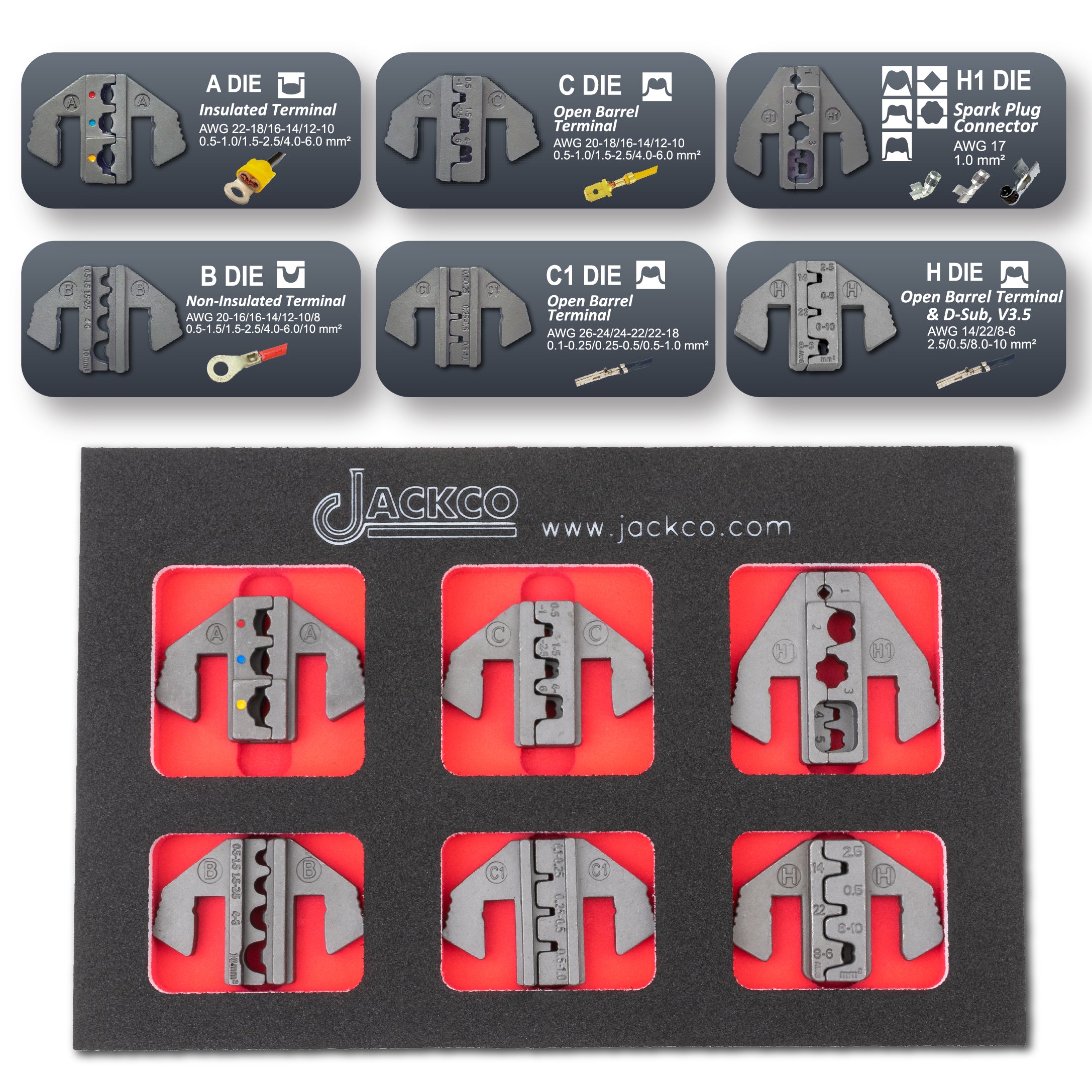 Crimping Tool Die Set - A, B, C, C1, H1, H Dies for Insulated, Non Insulated, Open Barrel & Spark Plug Terminals