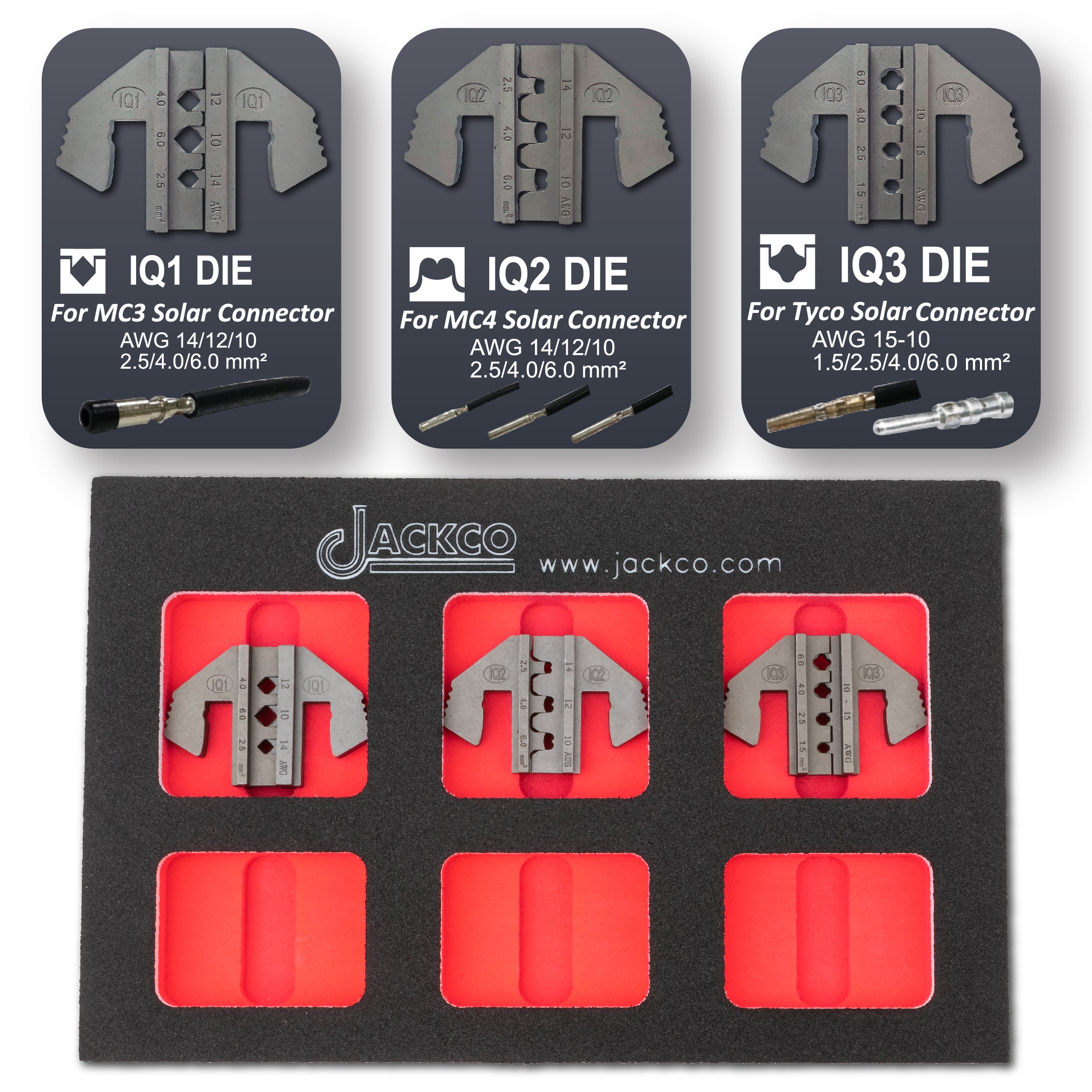 Crimping Tool Die Set - IQ1, IQ2, IQ3 Dies for MC3, MC4, Tyco Solar Connectors