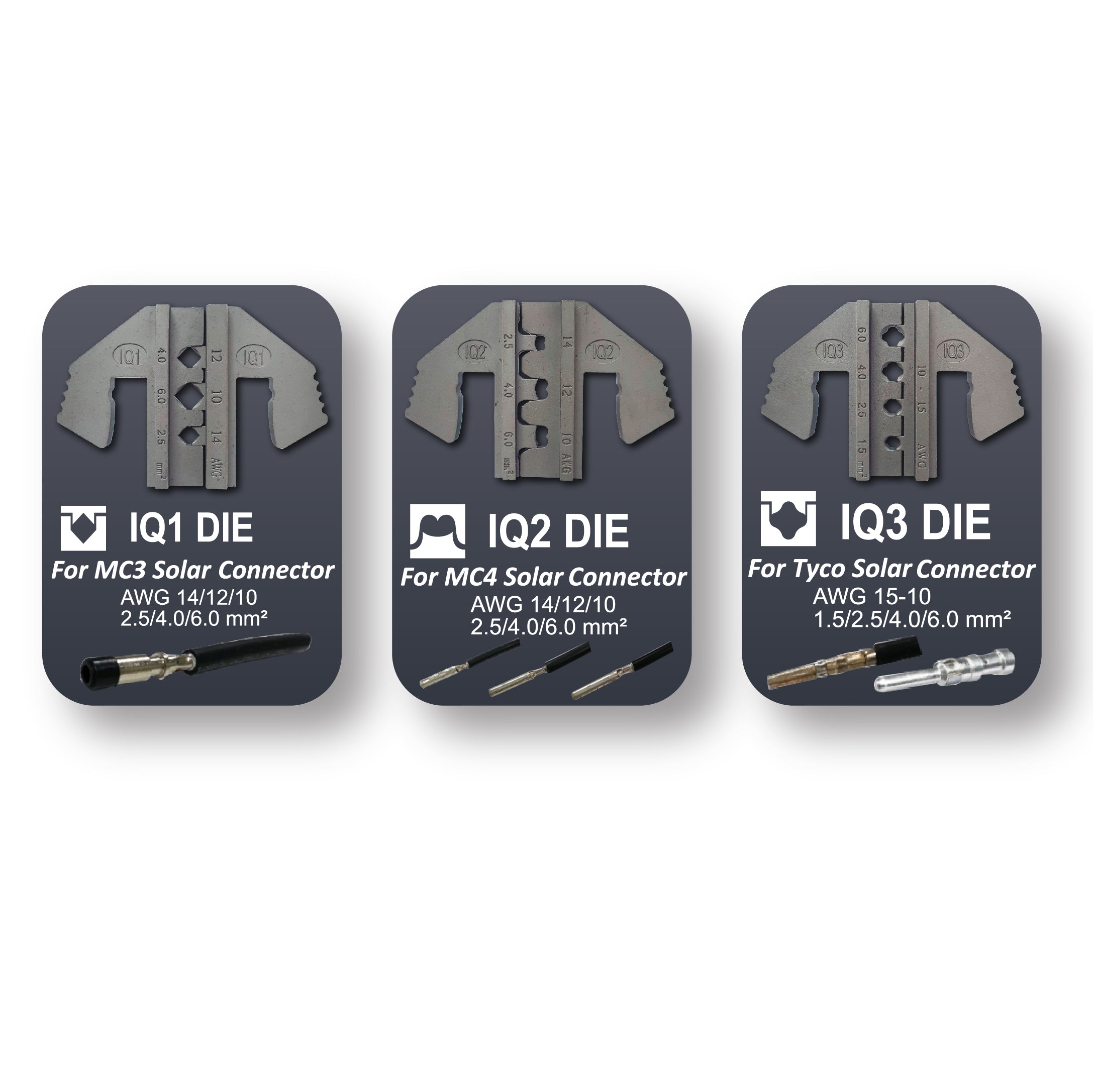 Crimping Tool Die Set - IQ1, IQ2, IQ3 Dies for MC3, MC4, Tyco Solar Connectors