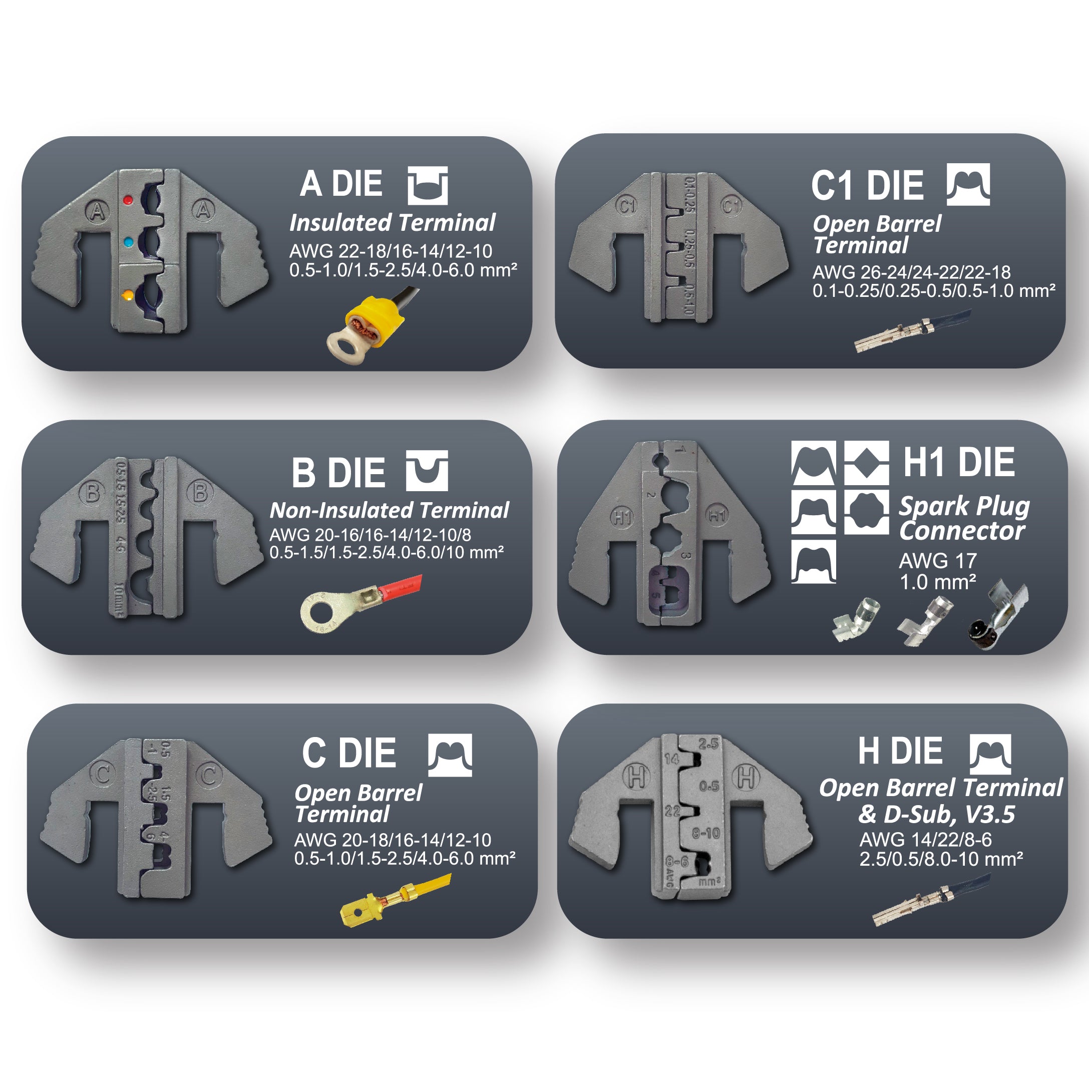 Crimping Tool Die Set - A, B, C, C1, H1, H Dies for Insulated, Non Insulated, Open Barrel & Spark Plug Terminals