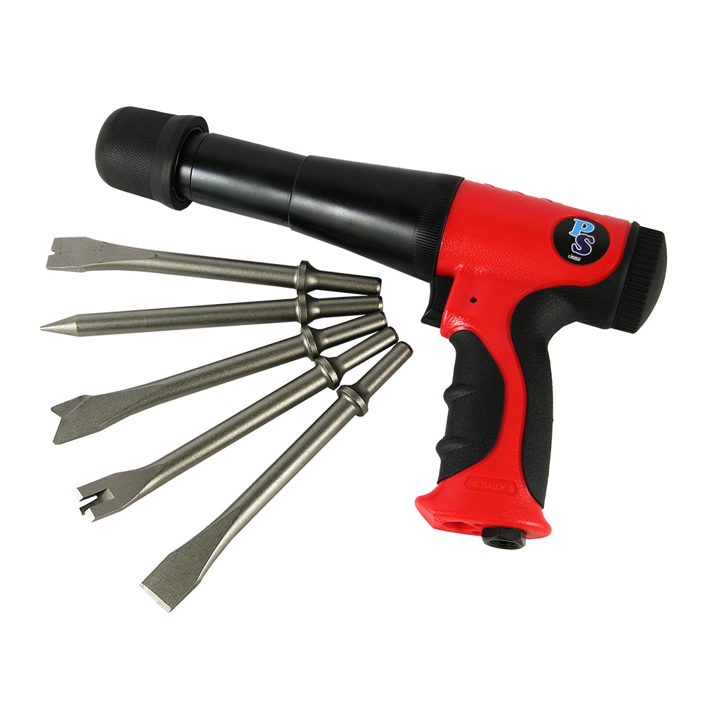 Long Barrel Air Hammer Kit Reduced Vibration with 5pc Chisel Set