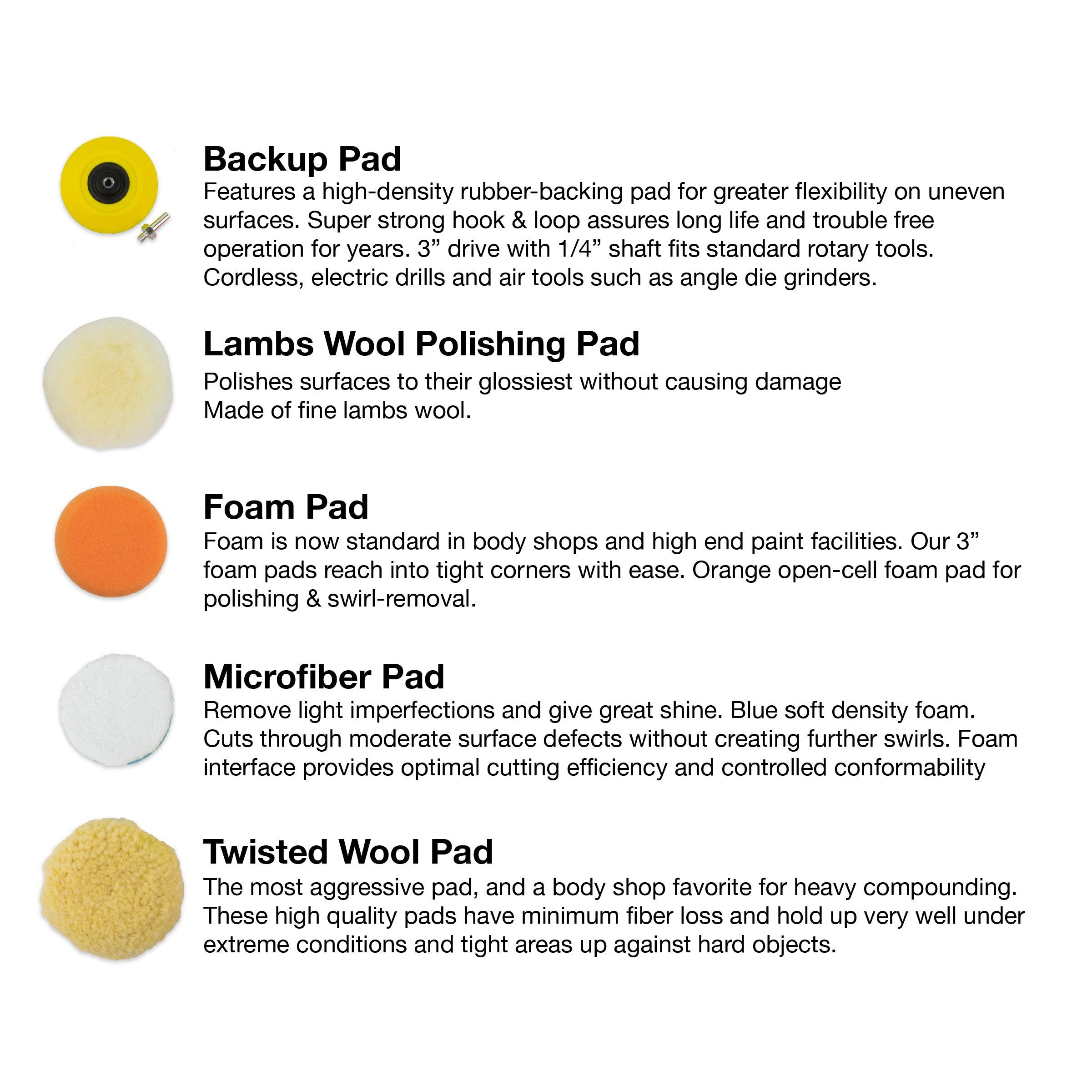TGR 3" Car Buffing & Polishing Pad Kit - Turn Your Drill into Power Polisher - Foam & Wool Pads - Hook & Loop Backing Pad with Adapter - Tool Guy Republic