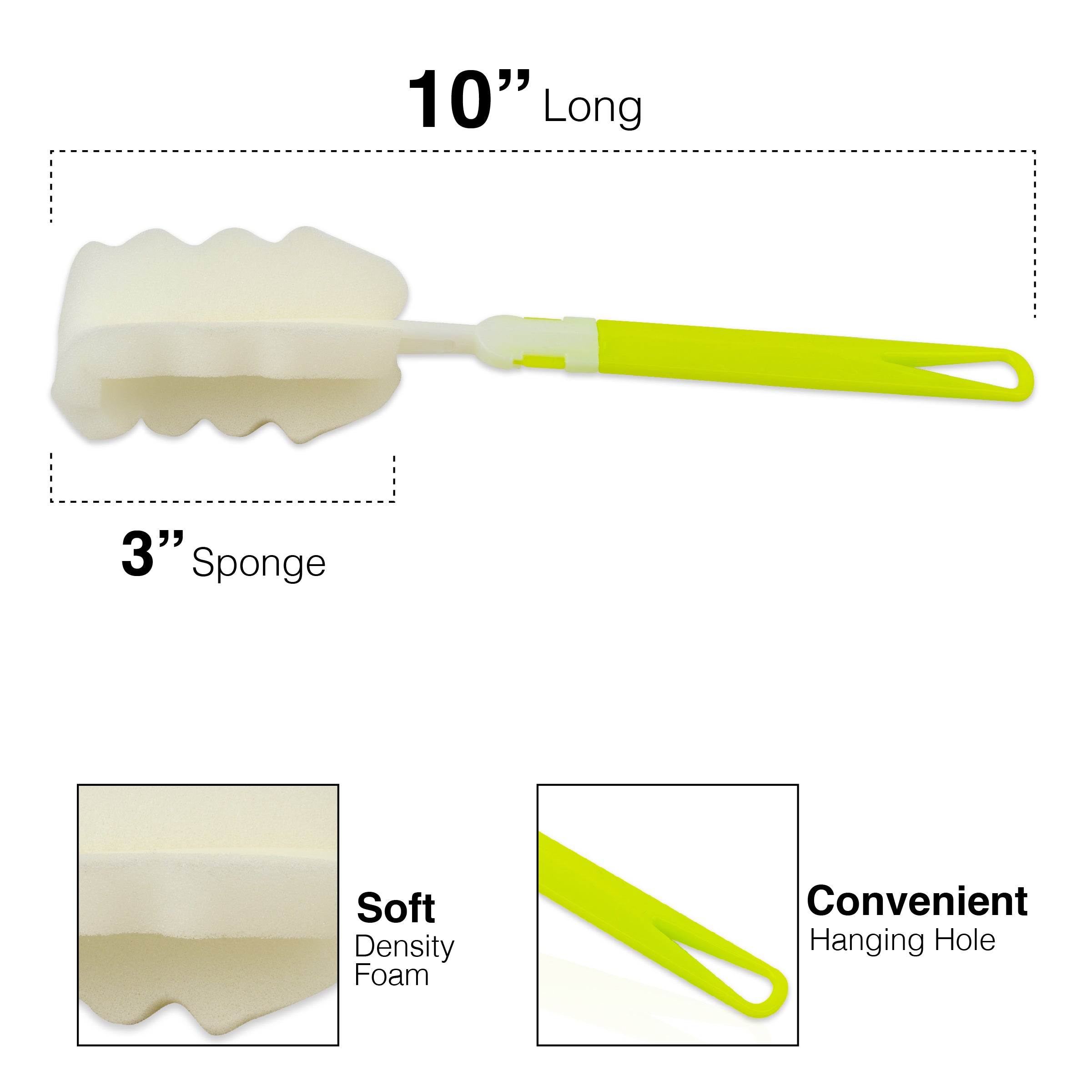 Bottle Sponge Brush with Long Handle - Soft for Cleaning Bottles, Mugs, Cups, 10 inch (10 Pack)