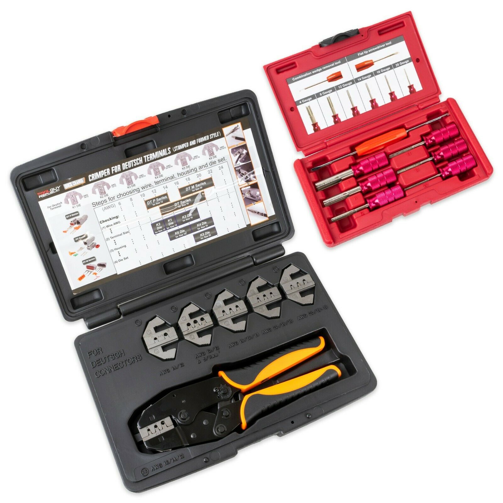Deutsch Terminal Ratcheting Crimping Tool- Includes 6 Quick Change Dies PLUS 7pc Deutsch Terminal Release/Removal Tool Kit - Tool Guy Republic