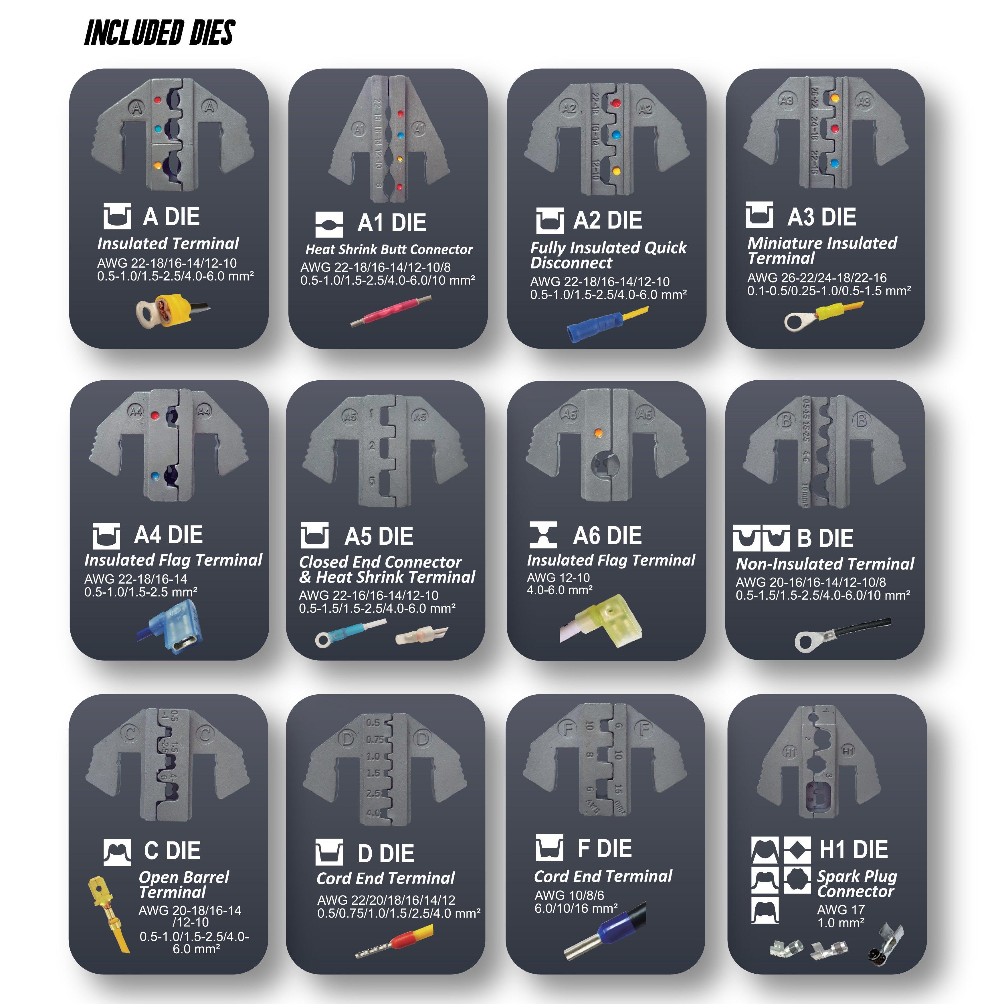 Interchangeable Ratcheting Terminal Crimper Set - 12 Die Sets with Wire Strippers - Tool Guy Republic
