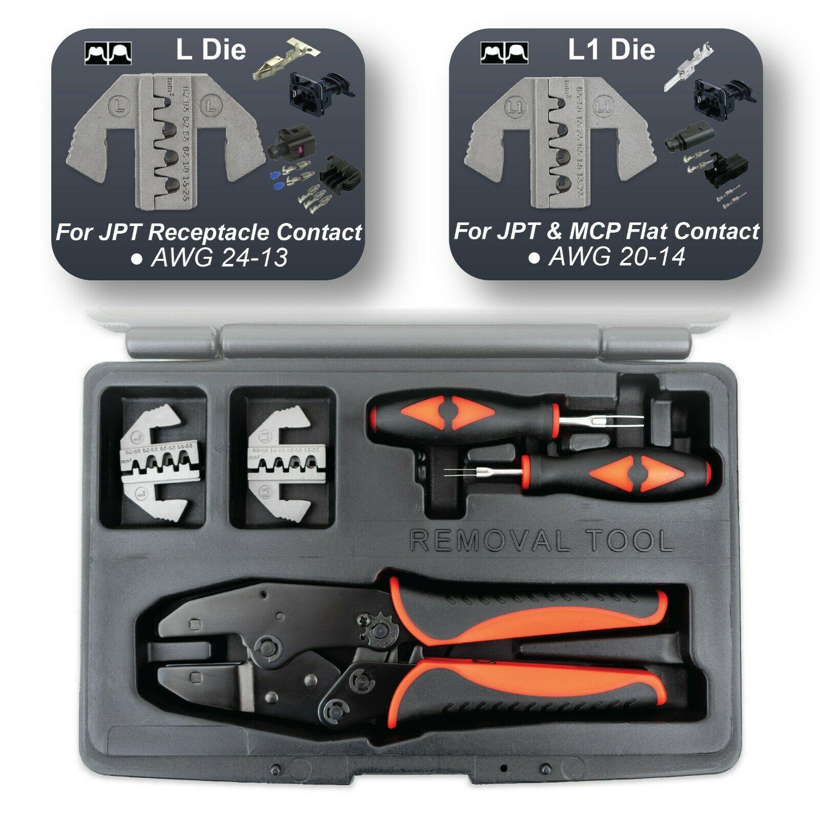 JPT & MCP Flat Connector Repair Kit - Ratcheting Terminal Crimper Set with Removal Tools (MAF, MAP, CTS, Oxygen Sensor, EV1 Injector Terminals) - Tool Guy Republic