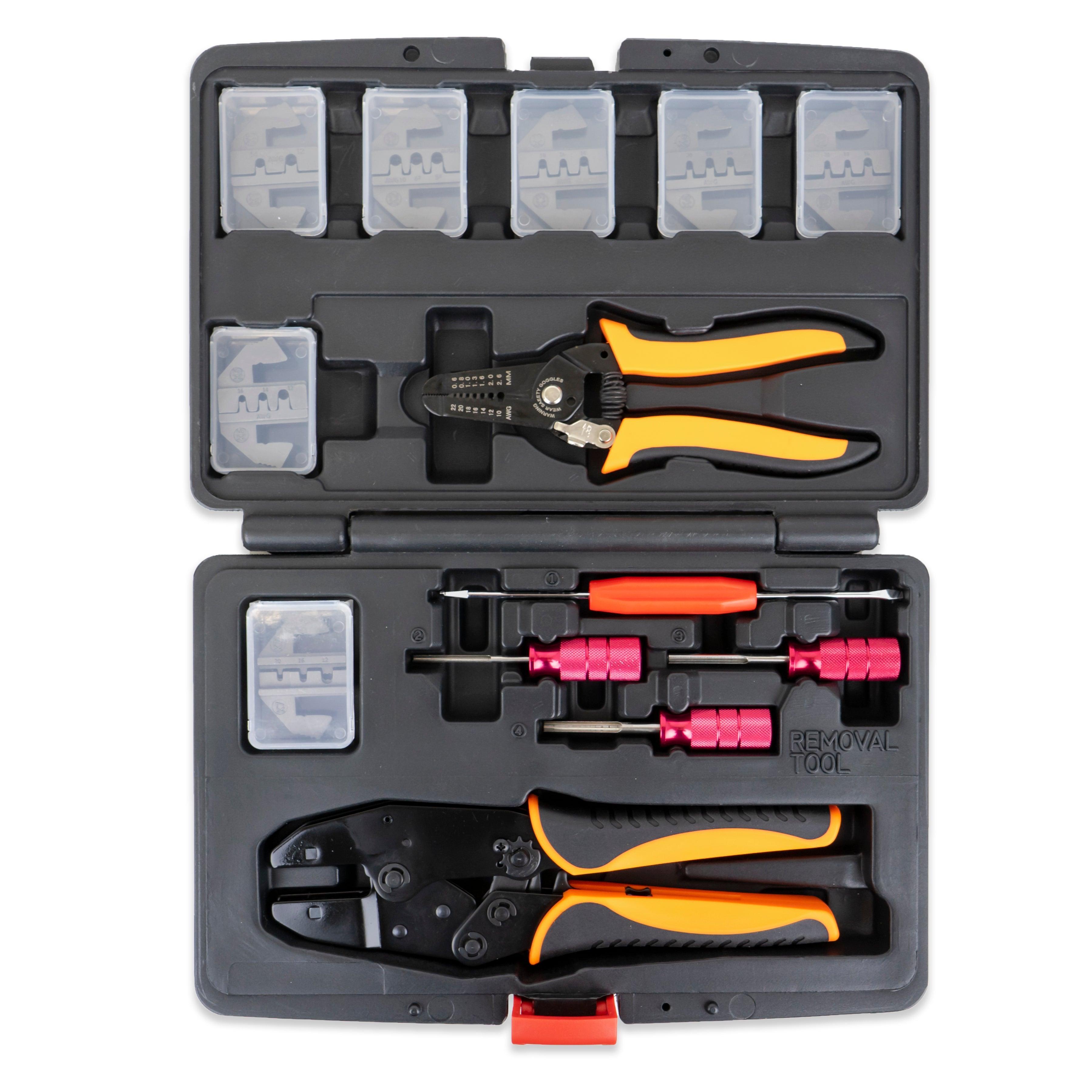 13 pc Deutsch Crimper Kit - Includes Ratcheting Crimper, 7 Dies, Wire Stripper & Removal Tools - Tool Guy Republic