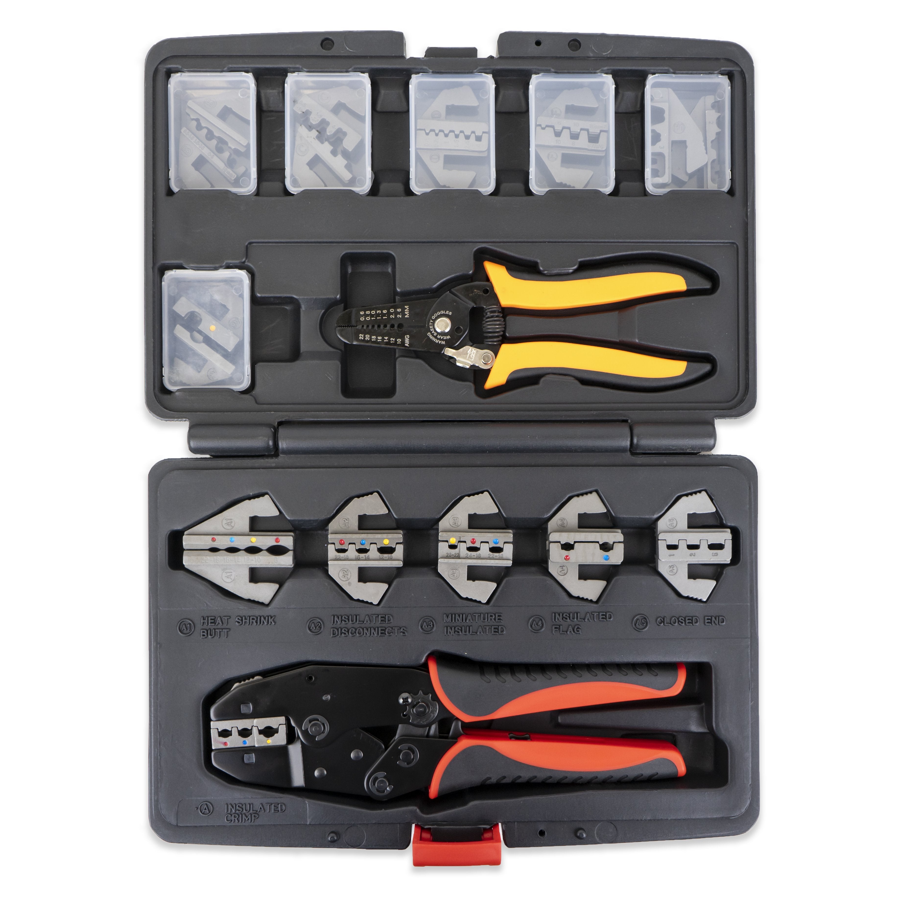 Interchangeable Ratcheting Terminal Crimper Set - 12 Die Sets with Wire Strippers