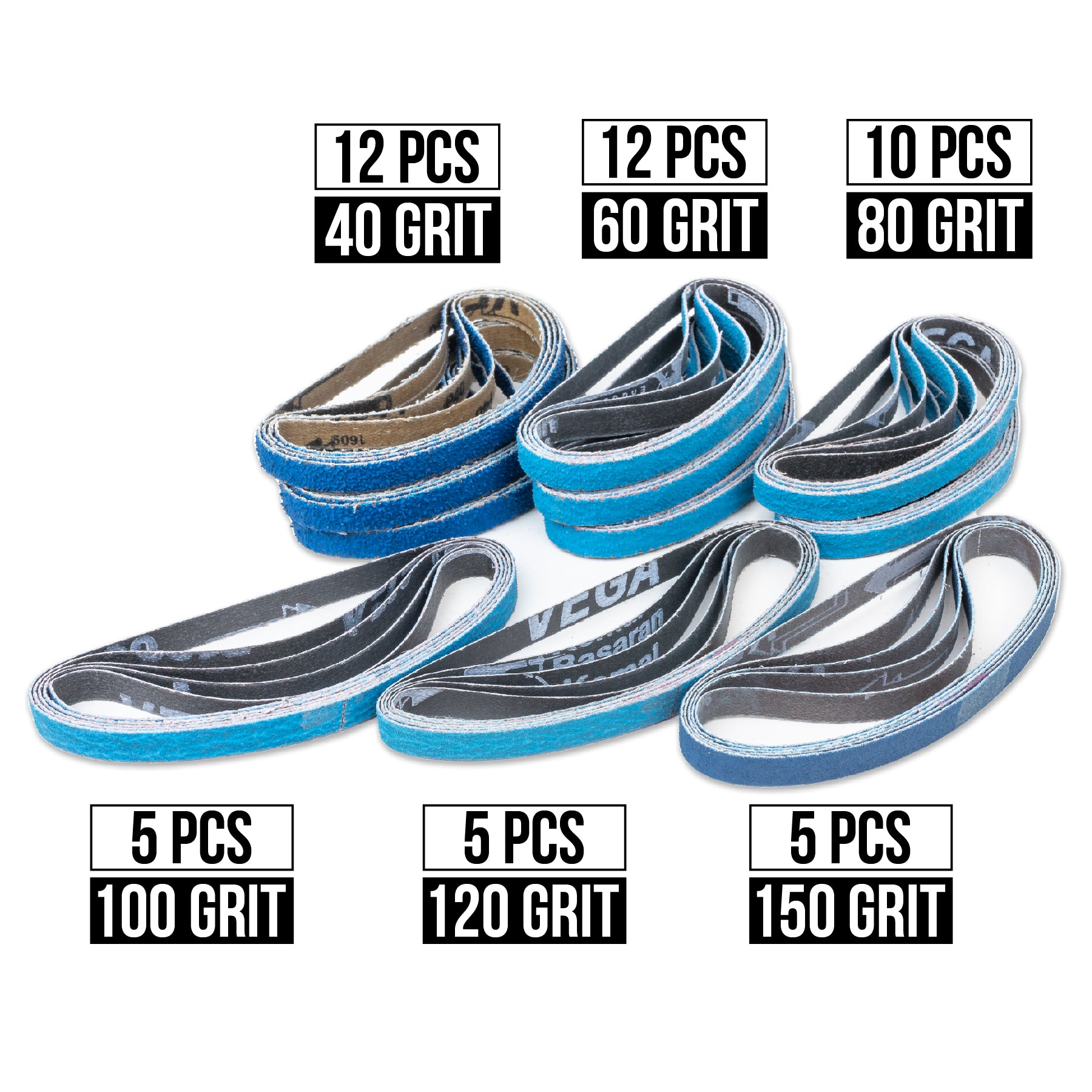 3/8” x 13” - 49pc Assorted Grit Zirconia Sanding Belts for Air Sanders (40, 60, 80, 100, 120, 150 Grit)